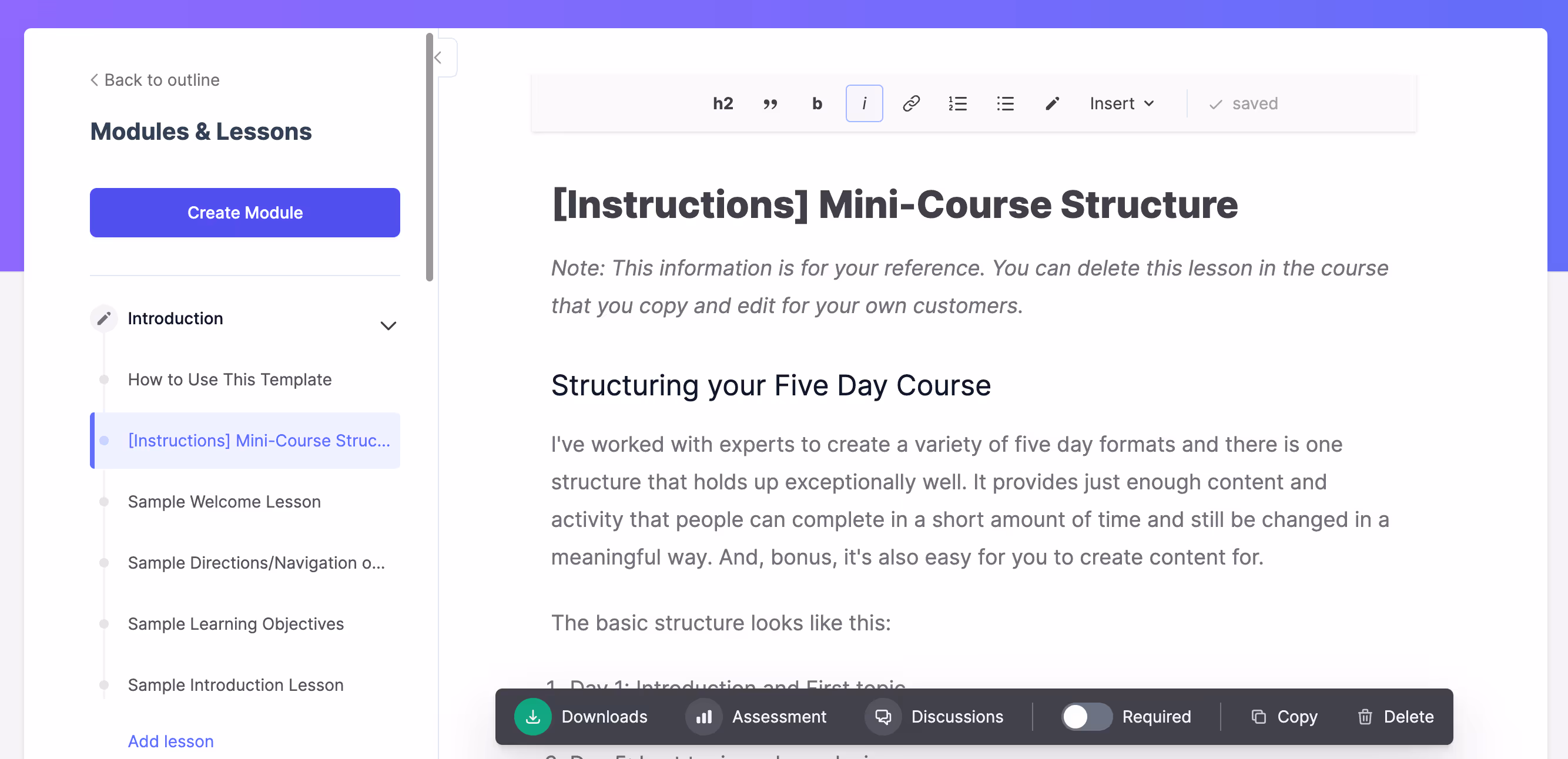 Ruzuku course builder showing modules, lessons, and content editor